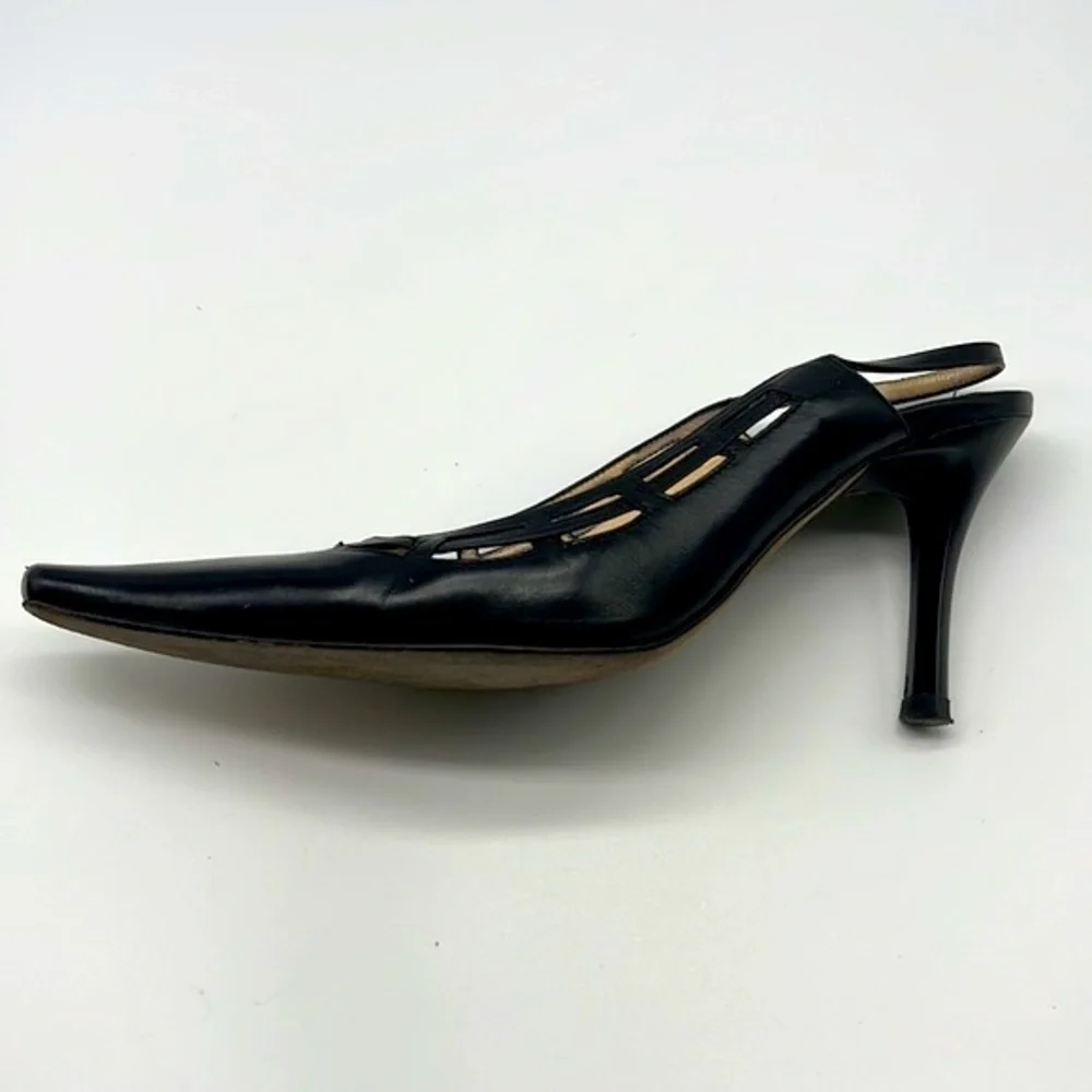 Jimmy Choo - Black Soft Leather Sling Back Cutout Square Toe Heels Size 36.5
